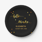 30歳の誕生日ブラック金ゴールドhello 30スクリプト名 ペーパープレート (正面)