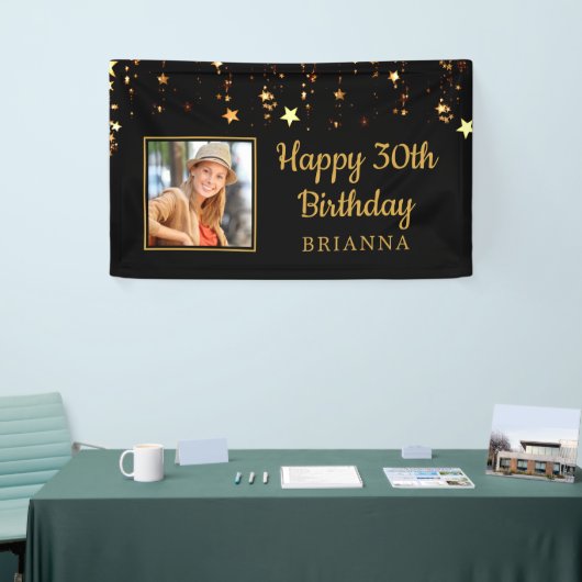 30歳の誕生日ブラック&金ゴールドスターパーソナライズされた 横断幕 (トレードショー)