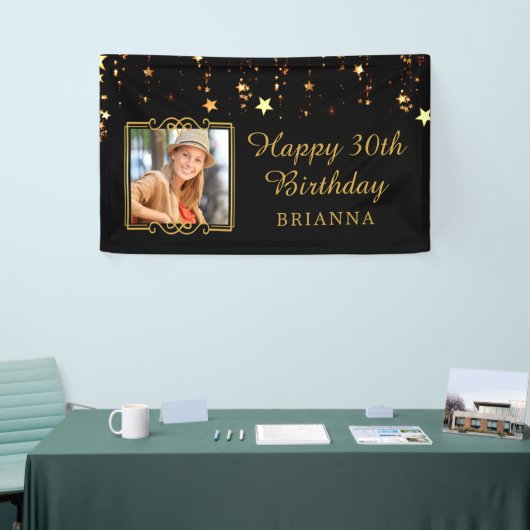 30歳の誕生日ブラック&金ゴールドスターパーソナライズされた 横断幕 (トレードショー)