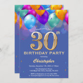 30歳の誕生日ブルーと金ゴールド吹きカラフル出し 招待状 (正面/裏面)