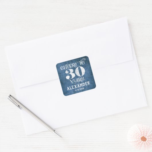 30歳の誕生日ブルーリネンありがとうステッカー スクエアシール (封筒)