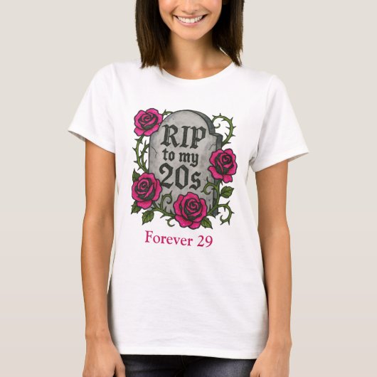 30歳の誕生日プレゼント 彼女 ピンクのバラ RIP 墓石 Tシャツ (正面)