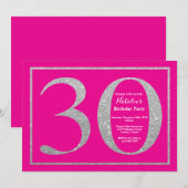 30歳の誕生日ホットピンクとシルバーグリッター 招待状 (正面/裏面)
