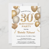 30歳の誕生日ホワイトバルーンと金ゴールドグリッターバルーン 招待状 (正面)