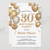 30歳の誕生日ホワイトバルーンと金ゴールドグリッターバルーン 招待状 (正面/裏面)