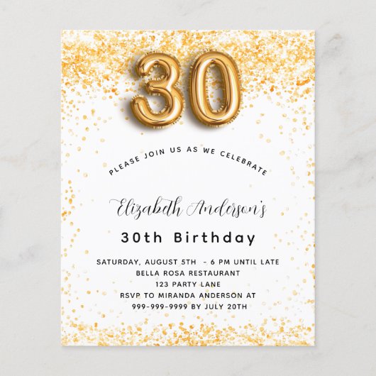 30歳の誕生日ホワイト金ゴールドグリッター予算 チラシ (正面)