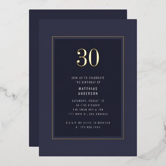 30歳の誕生日ミニマル暗いエレガント金ゴールド枠 箔招待状 (正面/裏面)