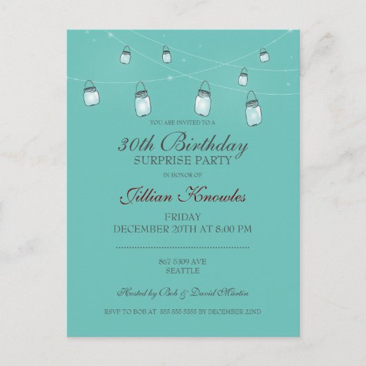 30歳の誕生日メイスン・ジャー・ライト インビテーションポストカード (正面)