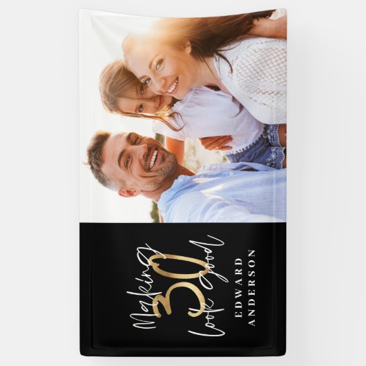 30歳の誕生日モダンの黒と金ゴールドの写真 横断幕 (縦)