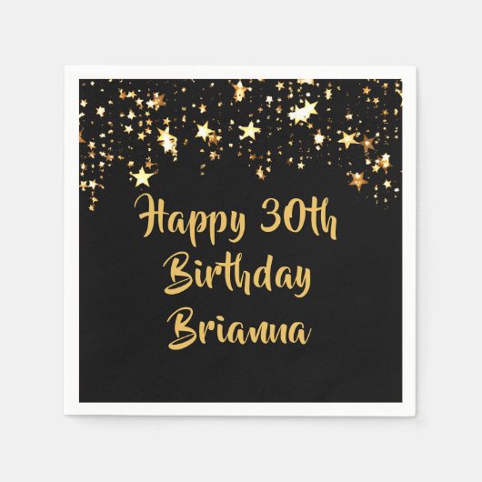 30歳の誕生日モダンブラック金ゴールド星名 スタンダードカクテルナプキン (正面)