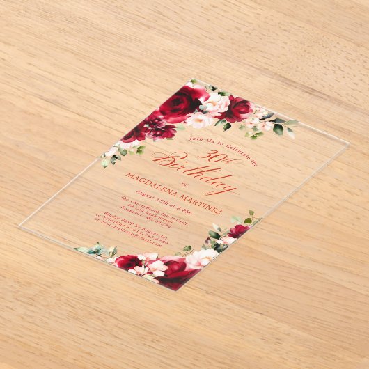 30歳の誕生日レッドローズピンク牡丹フローラ アクリル招待状 (レイダウン)