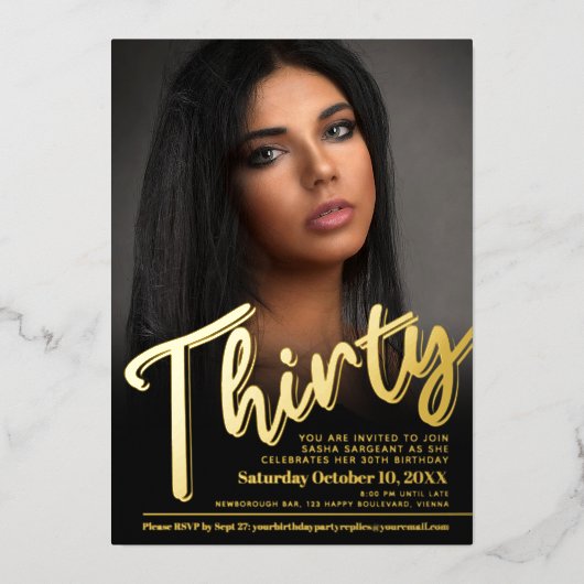 30歳の誕生日写真カスタム金ゴールド 箔招待状 (正面)