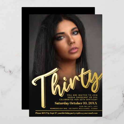 30歳の誕生日写真カスタム金ゴールド 箔招待状 (正面/裏面)