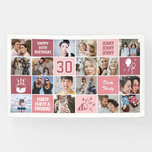 30歳の誕生日写真コラージュ カスタムコーラルピンク 横断幕 (横)