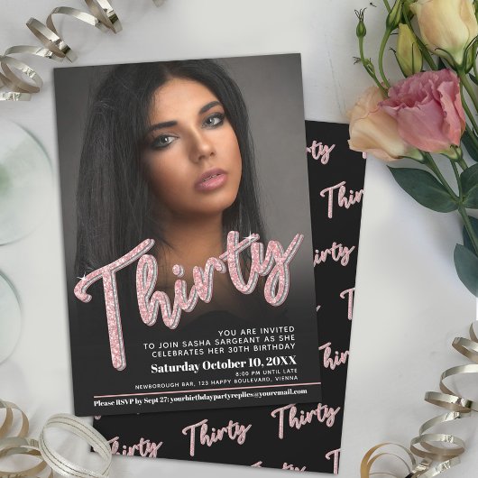 30歳の誕生日写真スクリプト グリッター ピンク 招待状