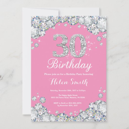 30歳の誕生日招待状ピンクとシルバーダイヤモンド 招待状 (正面)