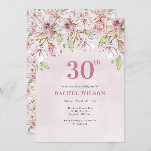 30歳の誕生日招待状ピンクフローラ 招待状 (正面/裏面)