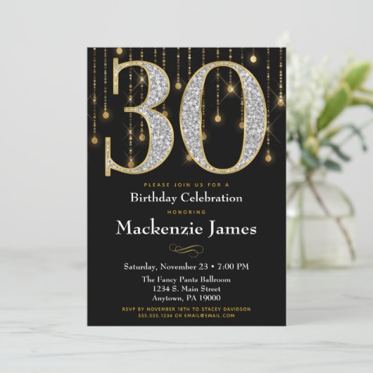 30歳の誕生日招待状ブラック金ゴールドダイヤモンド大人 招待状 (スタンド正面)