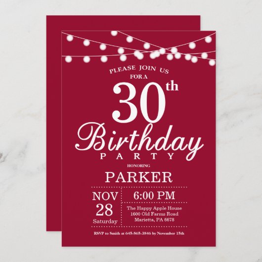 30歳の誕生日招待状ブルゴーニュ・レッド 招待状 (正面/裏面)