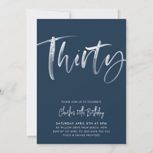 30歳の誕生日招待状メンスモダンネイビー30 招待状 (正面)