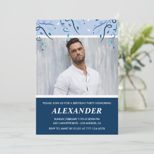 30歳の誕生日招待状メンズ写真ネイビーブルー 招待状 (スタンド正面)