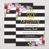 30歳の誕生日招待状女性。フローラ金ゴールド黒 招待状 (正面/裏面)