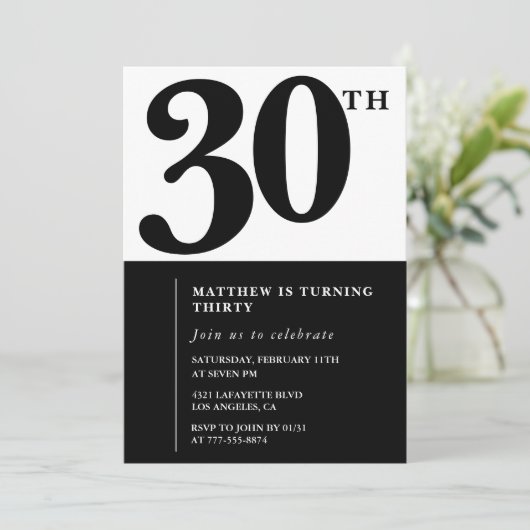 30歳の誕生日招待状白黒エレガント 招待状 (スタンド正面)
