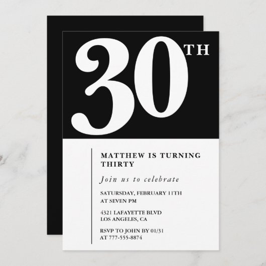 30歳の誕生日招待状白黒 エレガント 招待状 (正面/裏面)