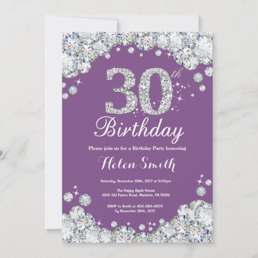 30歳の誕生日招待状紫と銀のダイヤモンド 招待状 (正面)