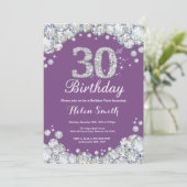 30歳の誕生日招待状紫と銀のダイヤモンド 招待状 (スタンド正面)