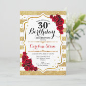 30歳の誕生日招待状 ゴールド 白 ストライプ 薔薇 招待状 (スタンド正面)