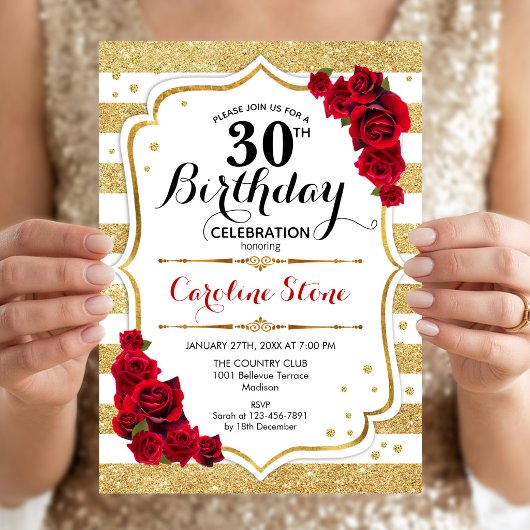 30歳の誕生日招待状 ゴールド 白 ストライプ 薔薇 招待状