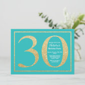 30歳の誕生日招待状 ティールとゴールドのグリッター 招待状 (スタンド正面)