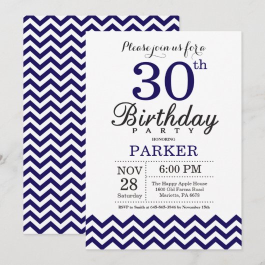 30歳の誕生日招待状 ネイビーブルーのシェブロン 招待状 (正面/裏面)