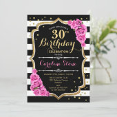 30歳の誕生日招待状 ピンク 黒 白 ストライプ 招待状 (スタンド正面)