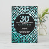 30歳の誕生日招待状 ブラックとターコイズグリッター 招待状 (スタンド正面)