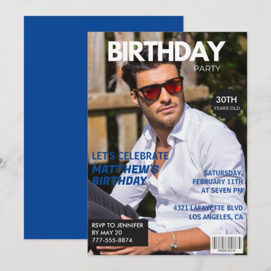 30歳の誕生日招待状 男性 彼 ヒム 雑誌の表紙 招待状 (正面/裏面)