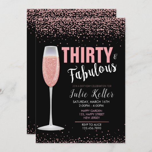 30歳の誕生日招待状。紙吹雪招待状。任意の年齢 招待状 (正面/裏面)