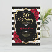 30歳の誕生日招待状 黒 白 ストライプ バラ 招待状 (スタンド正面)