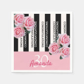 30歳の誕生日白黒ストライプピンク花模様 スタンダードカクテルナプキン (正面)