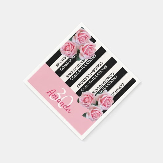 30歳の誕生日白黒ストライプピンク花模様 スタンダードカクテルナプキン (角)