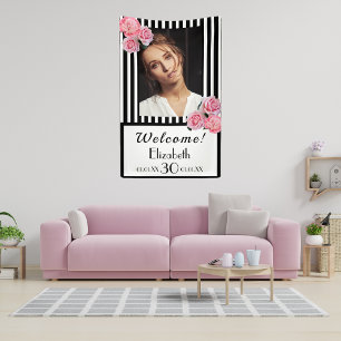 30歳の誕生日白黒ストライプ花写真 横断幕