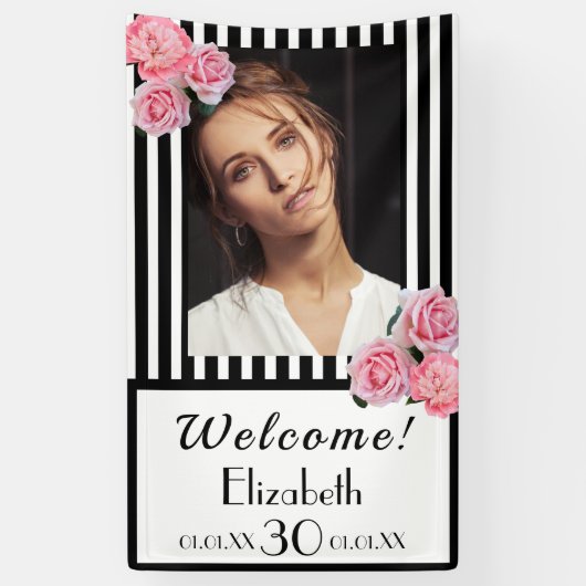 30歳の誕生日白黒ストライプ花写真 横断幕 (縦)