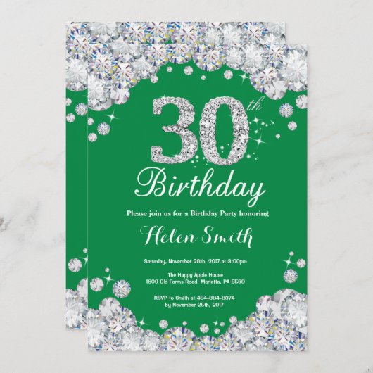 30歳の誕生日緑と銀のダイヤモンド 招待状 (正面/裏面)
