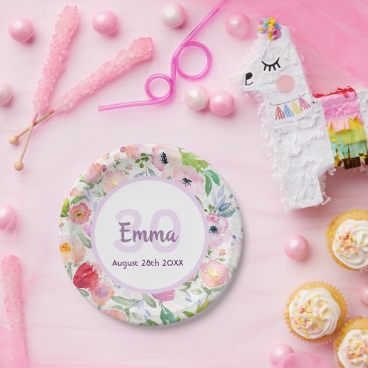 30歳の誕生日花模様ピンクの白い名前 ペーパープレート (パーティー)