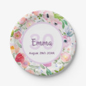 30歳の誕生日花模様ピンクの白い名前 ペーパープレート (正面)