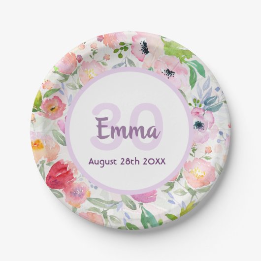30歳の誕生日花模様ピンクの白い名前 ペーパープレート (正面)