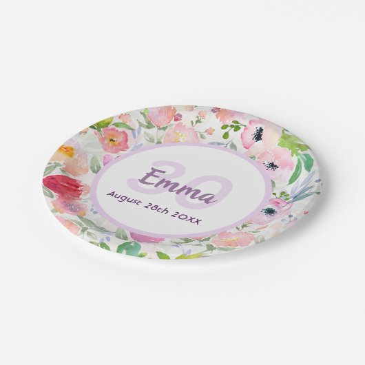 30歳の誕生日花模様ピンクの白い名前 ペーパープレート (アングル)