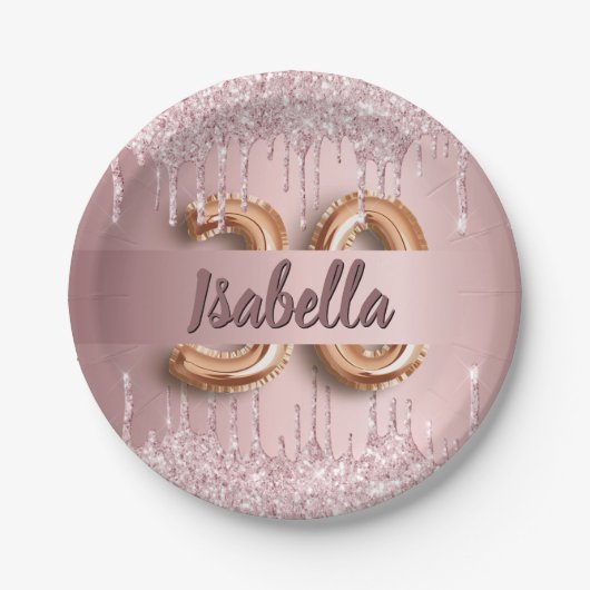 30歳の誕生日赤面ピンクグリッター名 ペーパープレート (正面)