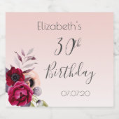 30歳の誕生日赤面ピンクローズ金ゴールドフローラ スパークリングワインラベル (シングルラベル)